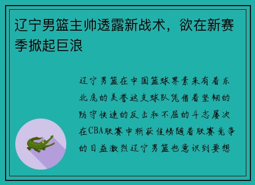 辽宁男篮主帅透露新战术，欲在新赛季掀起巨浪