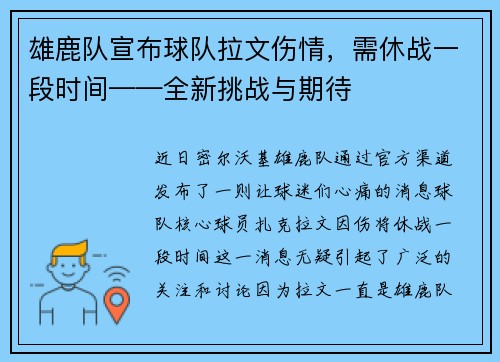 雄鹿队宣布球队拉文伤情，需休战一段时间——全新挑战与期待