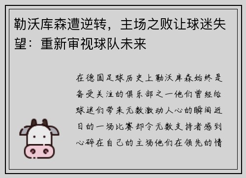 勒沃库森遭逆转，主场之败让球迷失望：重新审视球队未来