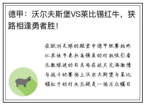 德甲：沃尔夫斯堡VS莱比锡红牛，狭路相逢勇者胜！
