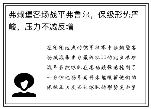 弗赖堡客场战平弗鲁尔，保级形势严峻，压力不减反增