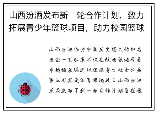 山西汾酒发布新一轮合作计划，致力拓展青少年篮球项目，助力校园篮球发展