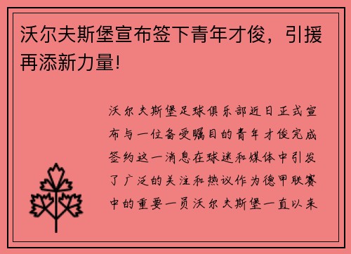 沃尔夫斯堡宣布签下青年才俊，引援再添新力量!