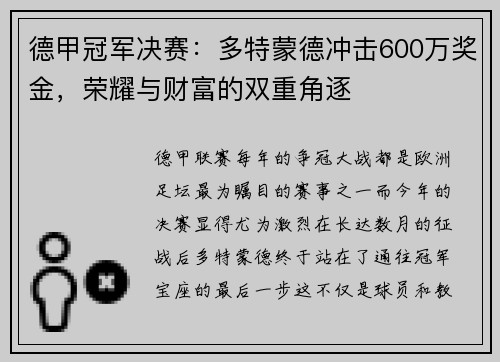 德甲冠军决赛：多特蒙德冲击600万奖金，荣耀与财富的双重角逐