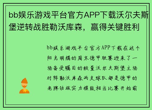 bb娱乐游戏平台官方APP下载沃尔夫斯堡逆转战胜勒沃库森，赢得关键胜利！